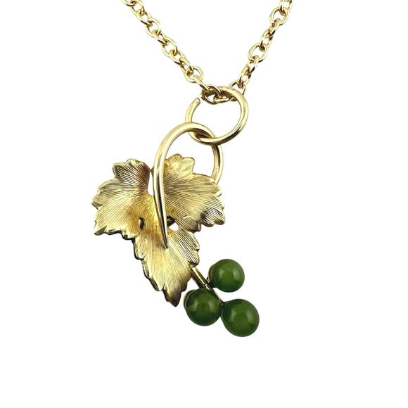 Vintage Krementz 12K GF Nephrite Jade Grape Leaf Repurposed Earring 18" Necklace - Picture 1 of 4
